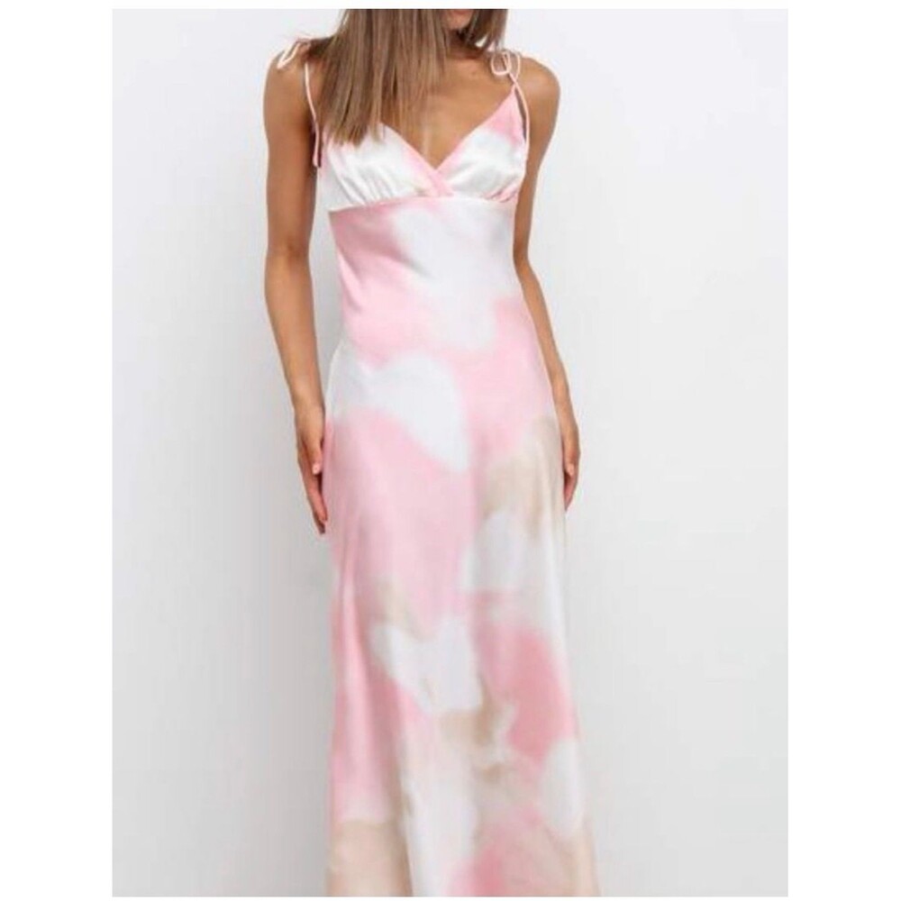 Petal & Pup Pink Abstract Satin Tie Strap Maxi Dress NWT US 6